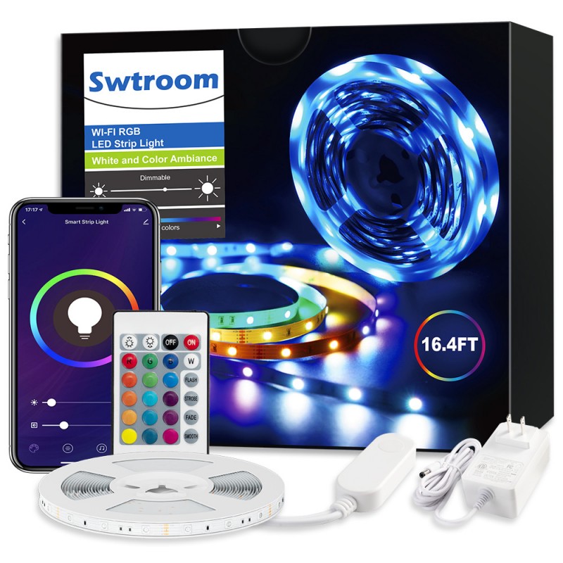 Meidong LED Stripe Lights Works with Alexa Google Home WiFi RGB LED Light Strips 16 Million Colors Music Sync 5050 LED Light with Remote App Control for Bedroom/Bar/Party/Home Decoration/16.4ft